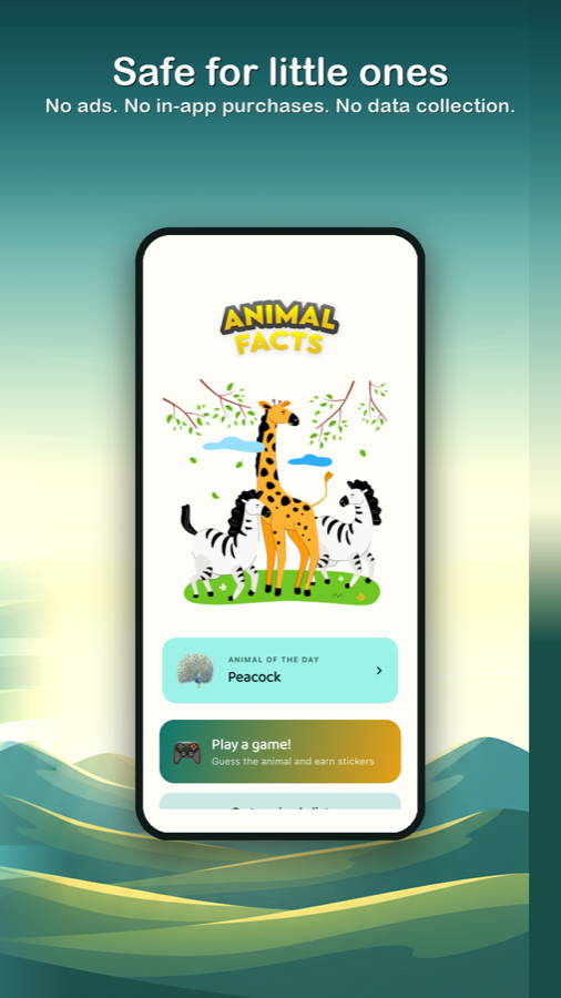 Animal Facts home screen in the safe, ad-free app