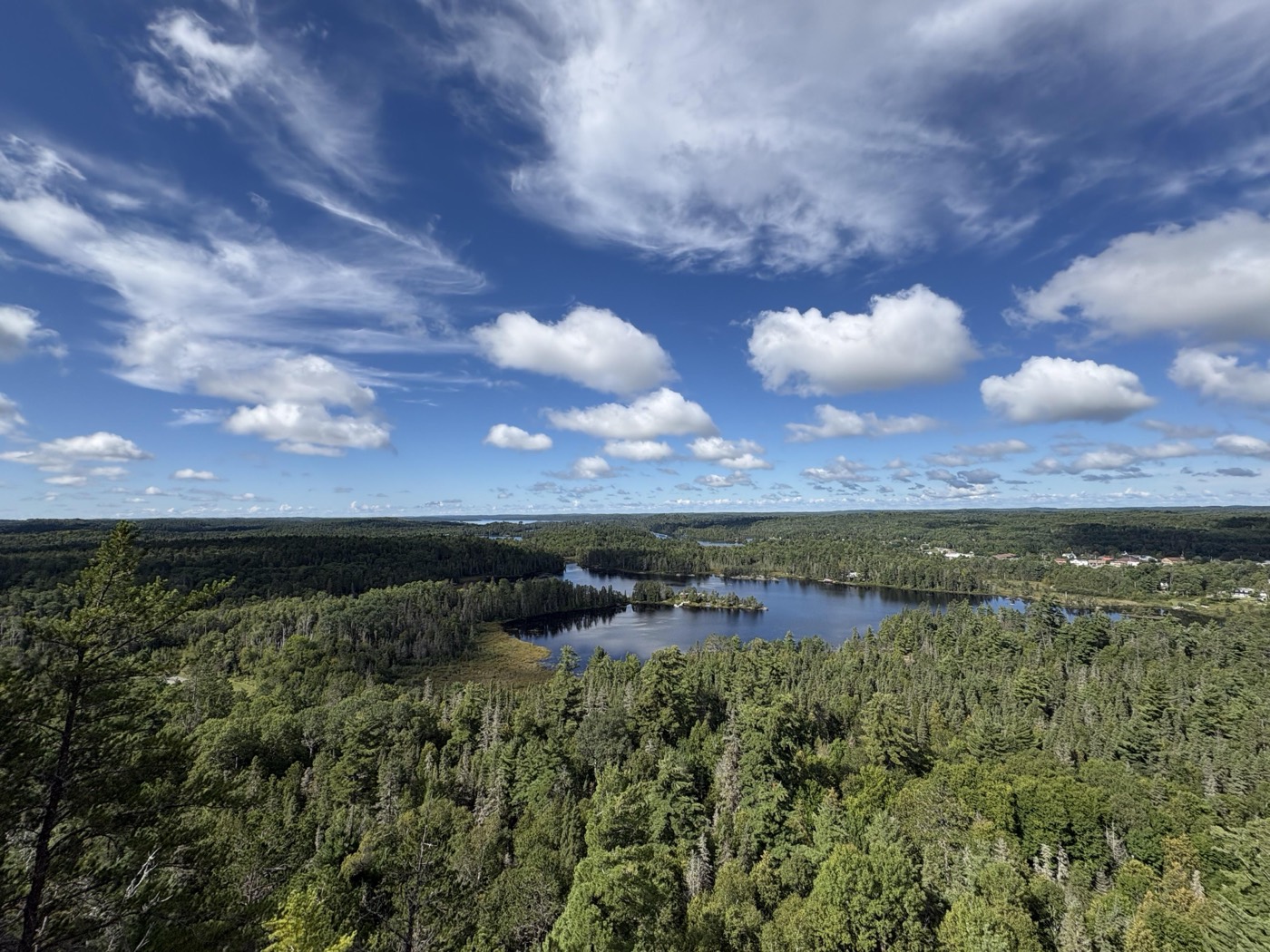 A high viewpoint over dense green forest and a winding lake with small islands, under a blue sky with scattered cloud.