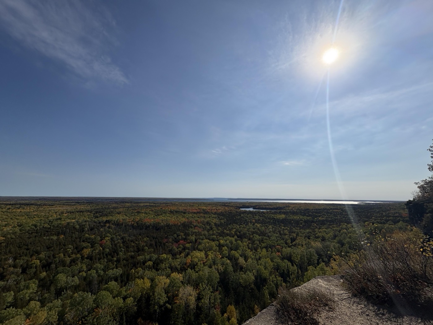 A wide view from a bare rock clifftop over unbroken forest towards a distant lake and horizon, under a clear sky.