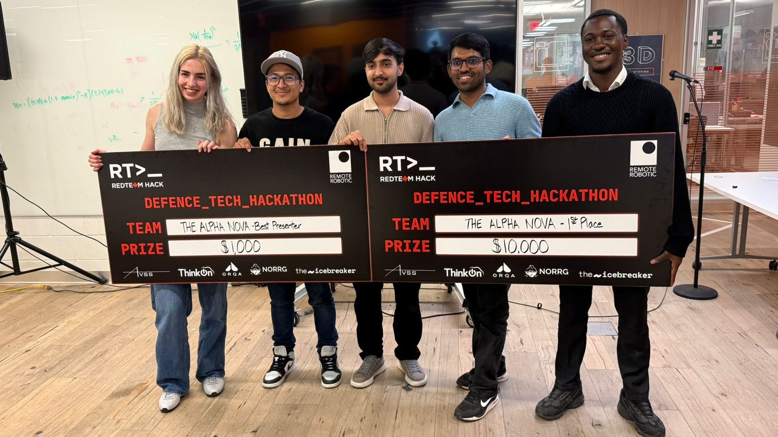 The Alpha Nova team winning 1st Place and Best Presenter at the RedTeam Defence-Tech Hackathon