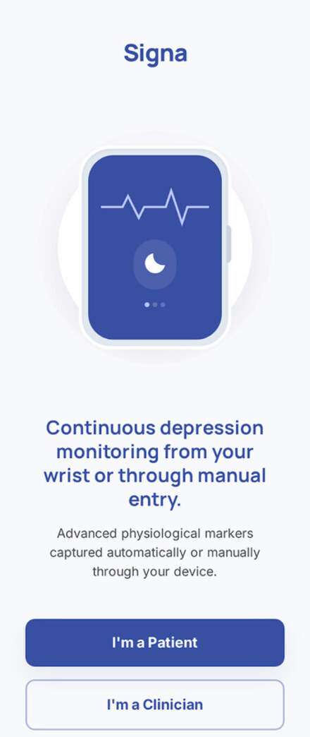SIGNA patient app concept: continuous depression monitoring from your wrist or through manual entry